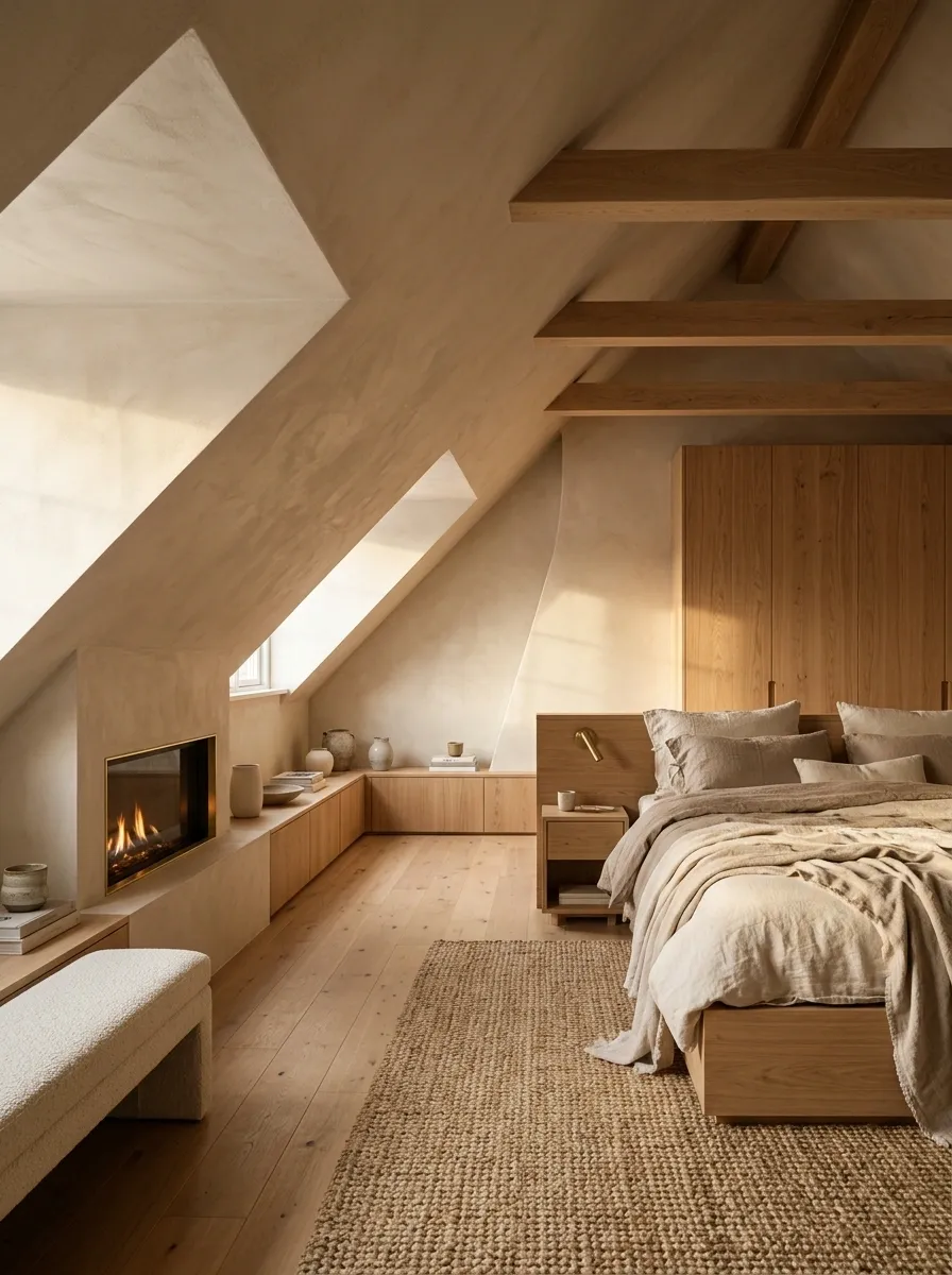 Attic Bedroom With Fireplace Under a Sloped Ceiling