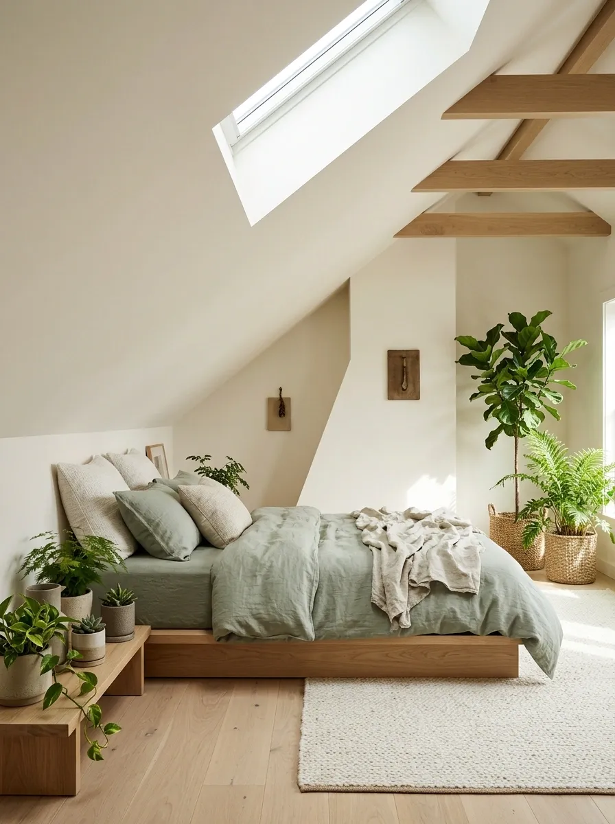 Attic Bedroom With Greenery Under Sloped Ceilings