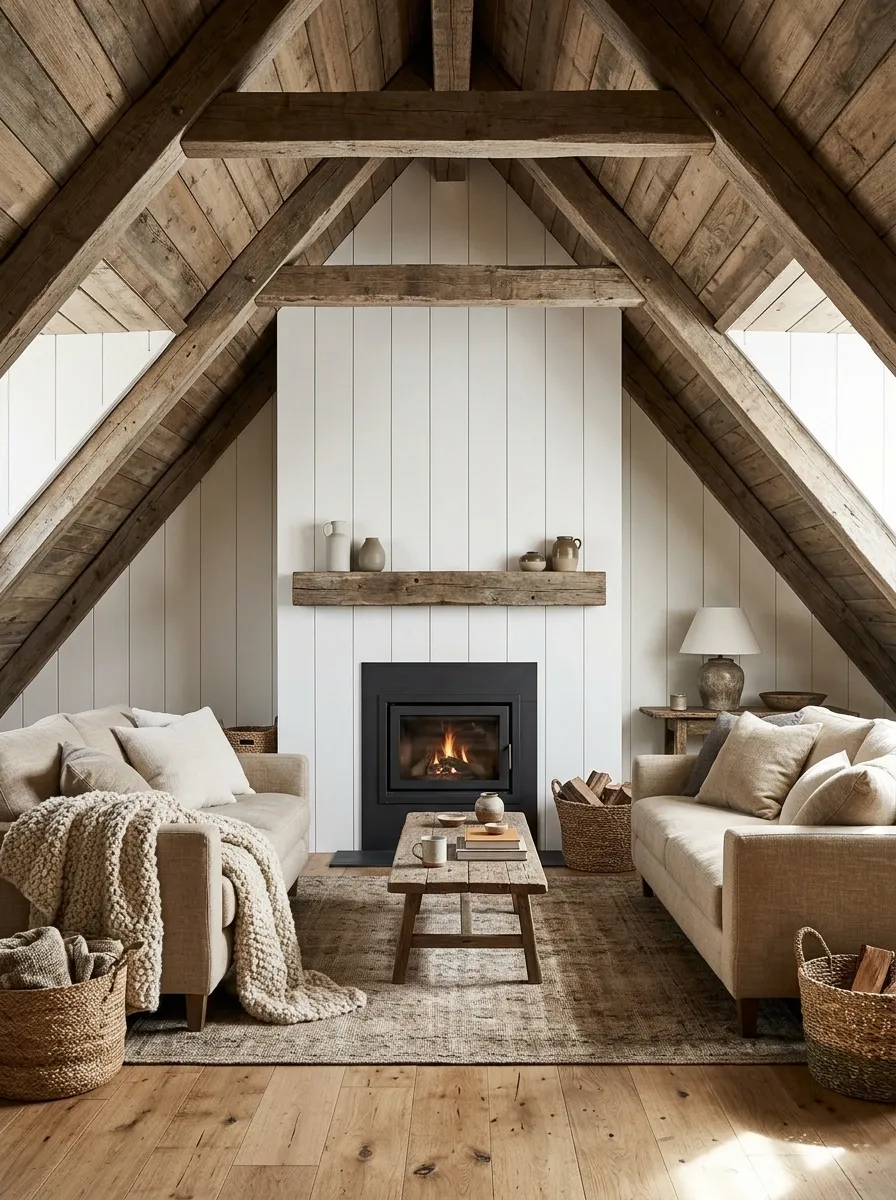 Attic Cabin Fireplace Beneath Sloped Ceilings