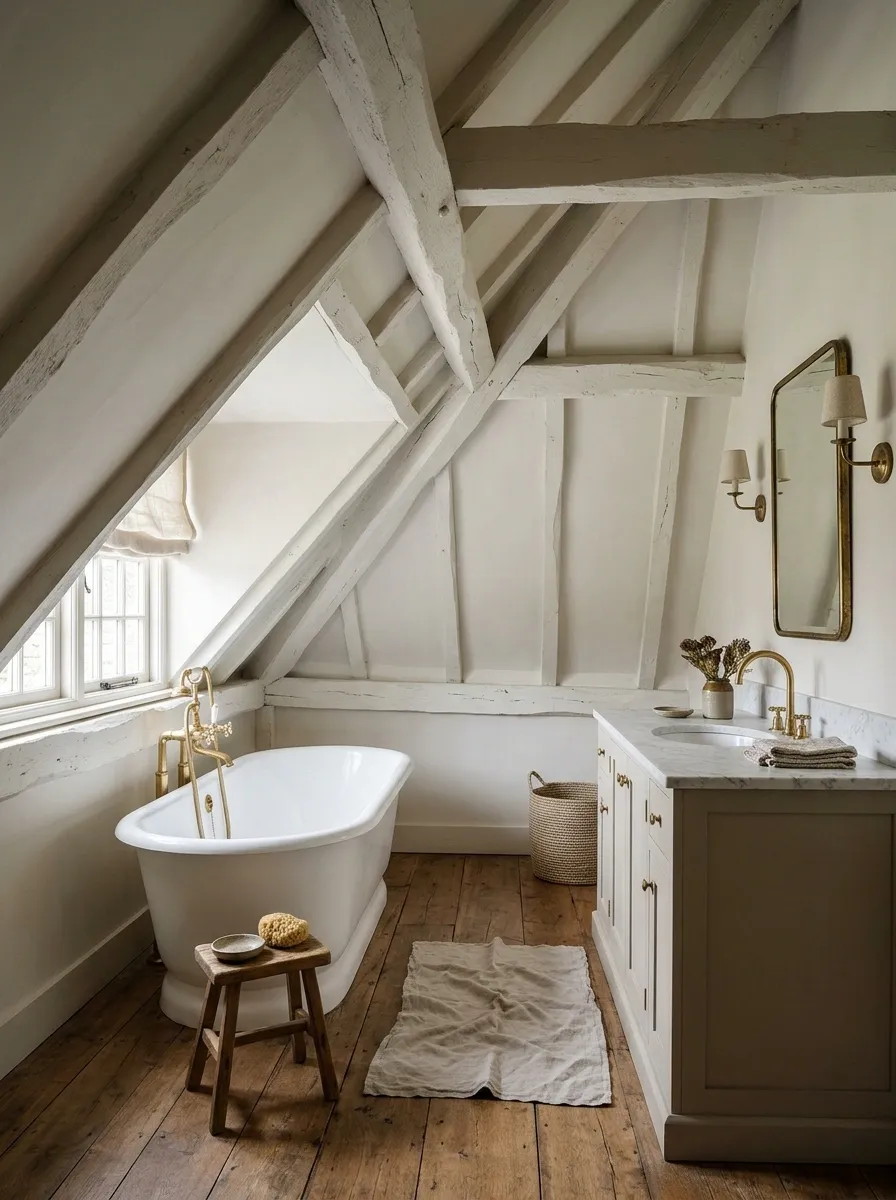 Attic Country Bathroom With a Slipper Tub Beneath the Eaves