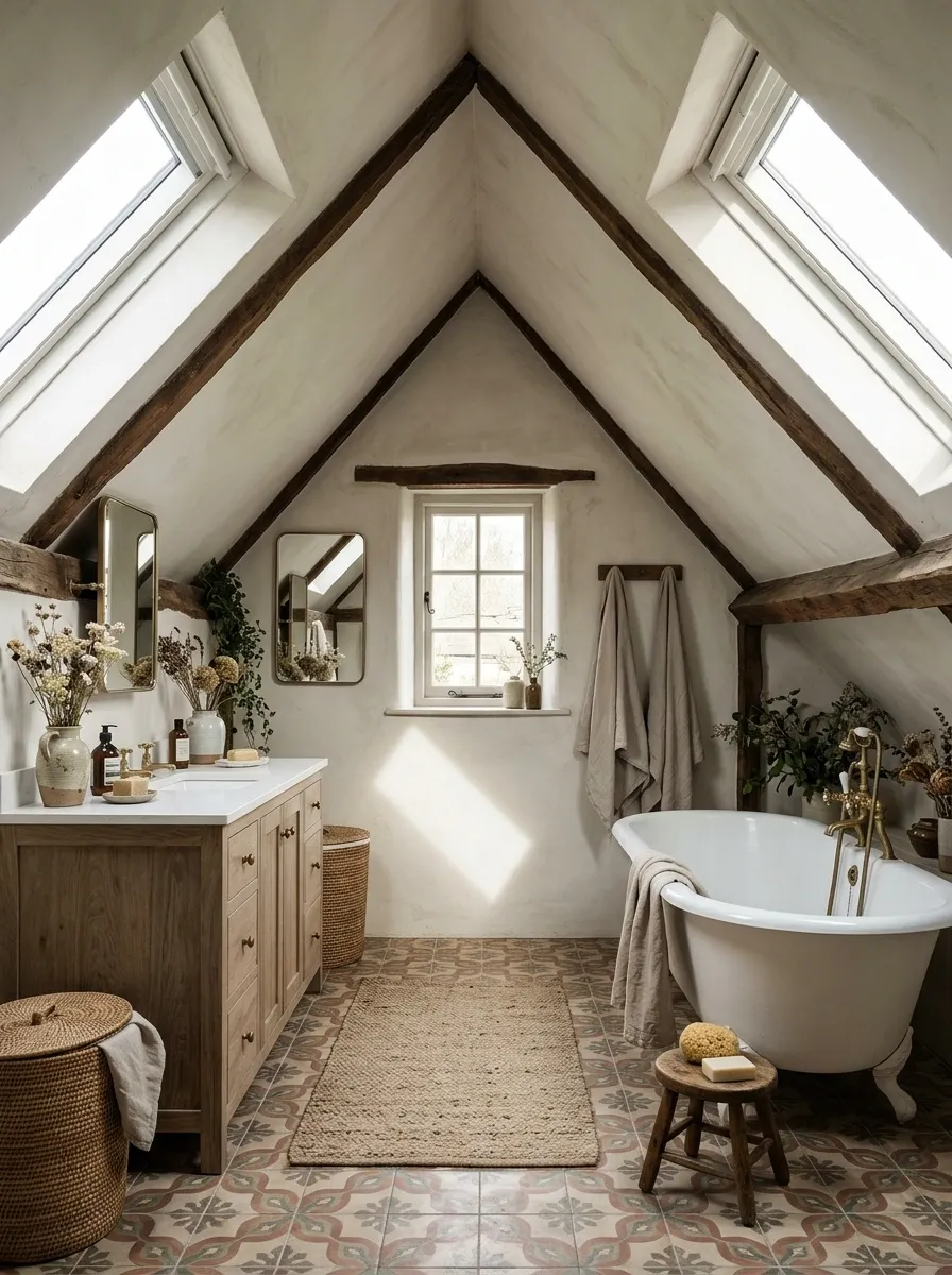 Attic Farmhouse Bathroom With a Tub Beneath the Sloped Ceiling