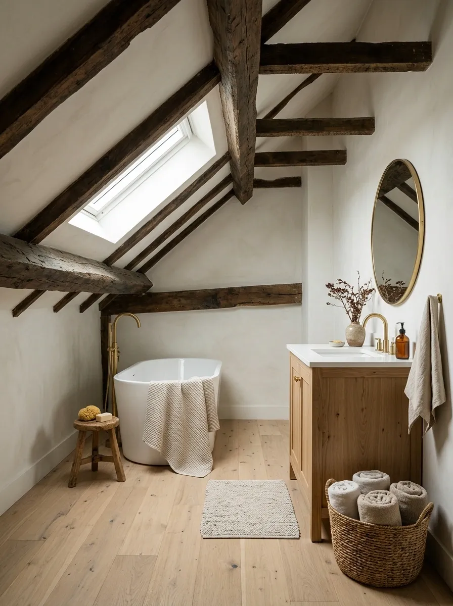 Attic Farmhouse Bathroom With Sloped Ceilings and a Compact Tub