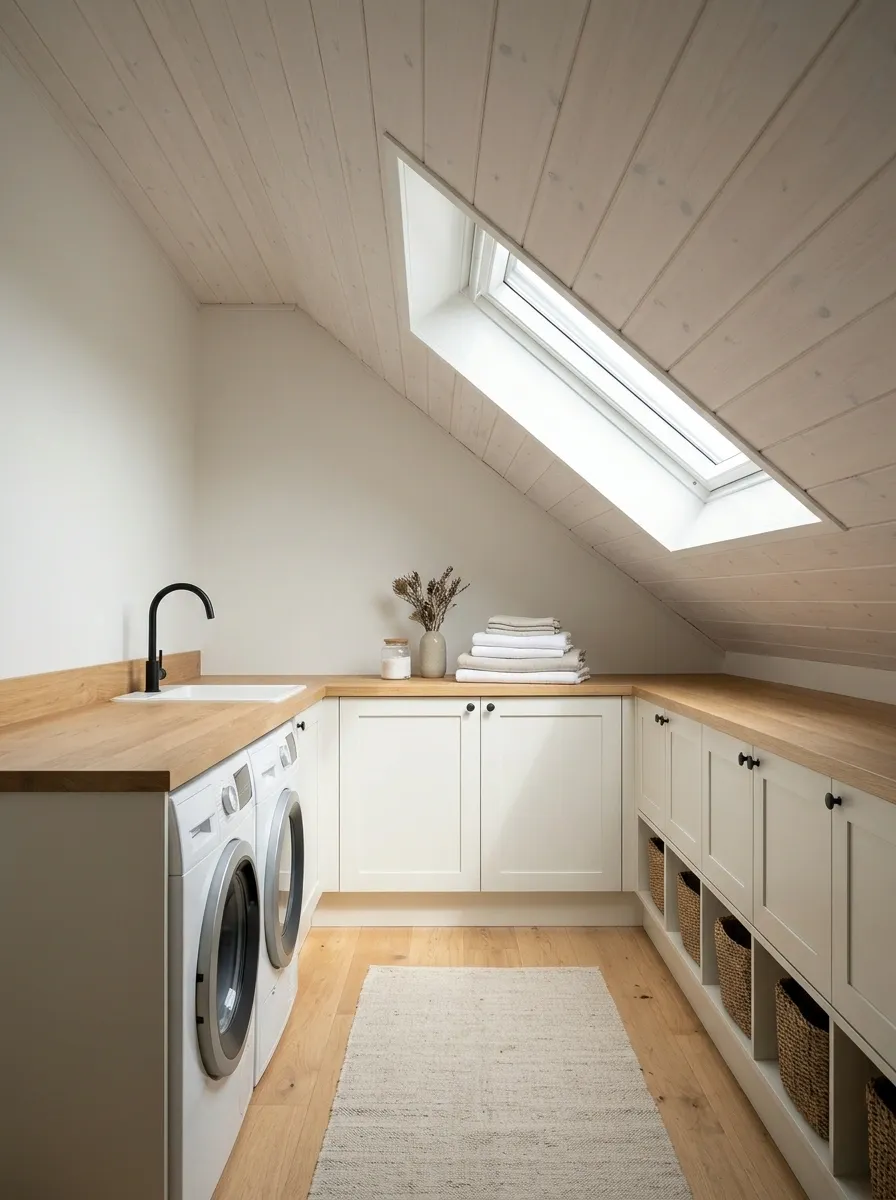 Attic Laundry With Low Eaves Storage and a Roof Window