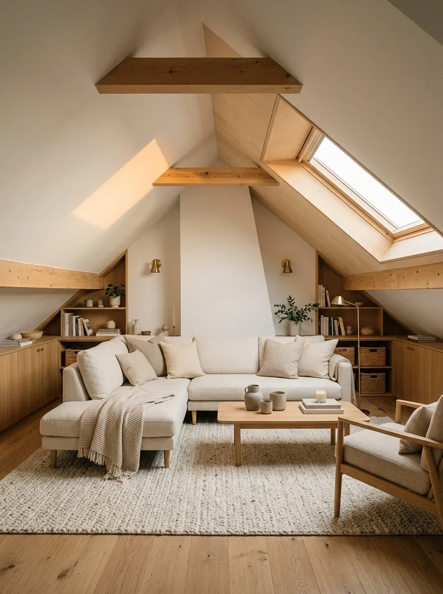 Attic Living Room With Sloped Ceilings and Low Furniture
