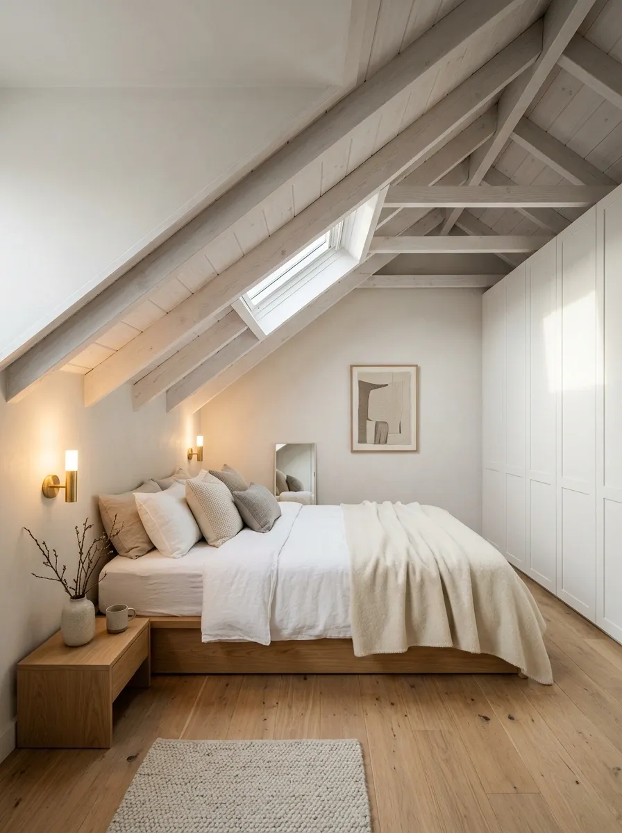 Attic Minimalist Bedroom Under a Sloped Ceiling
