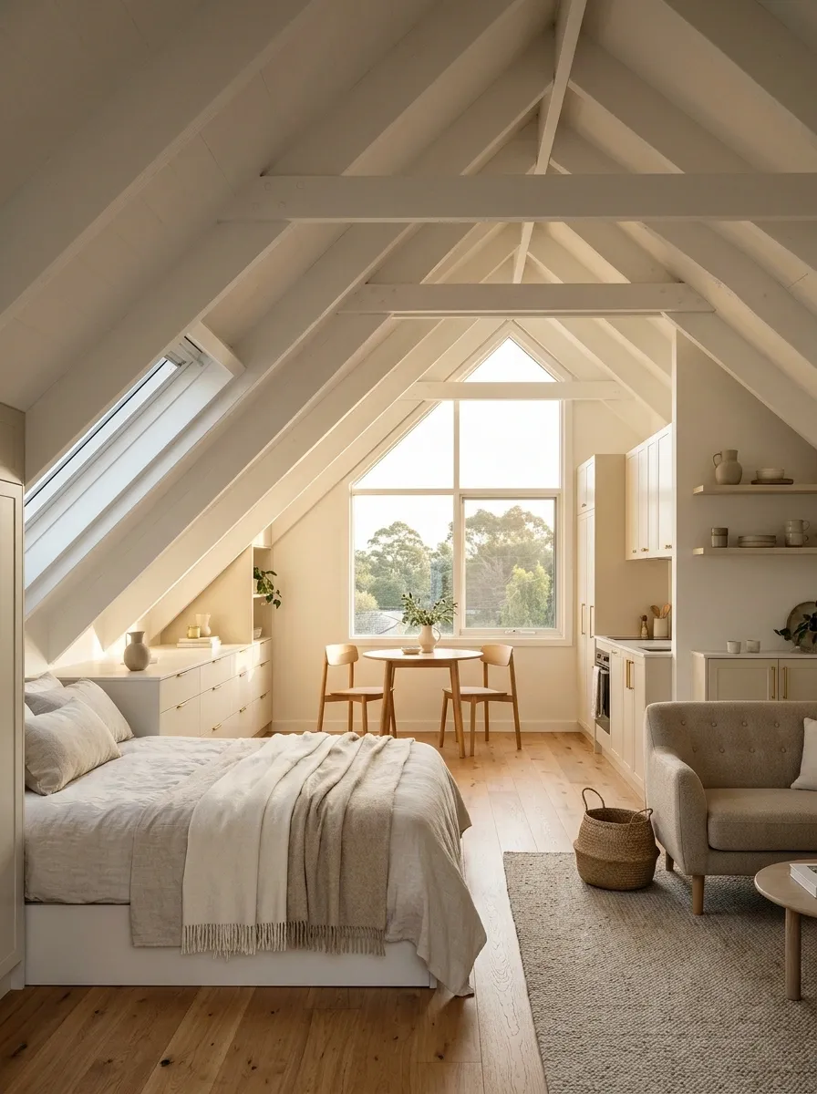 Attic Studio With a Low Bed and Gable-End Dining Nook