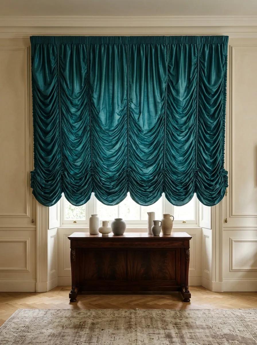 Austrian Curtains With Cascading Teal Folds