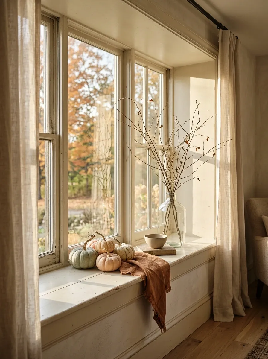 Autumn Window With Pumpkins, Branches, and Rust-Colored Linen