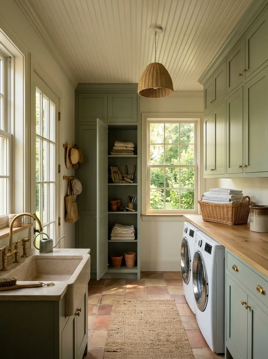 Back-Porch Laundry With Garden Storage and a Wash Sink