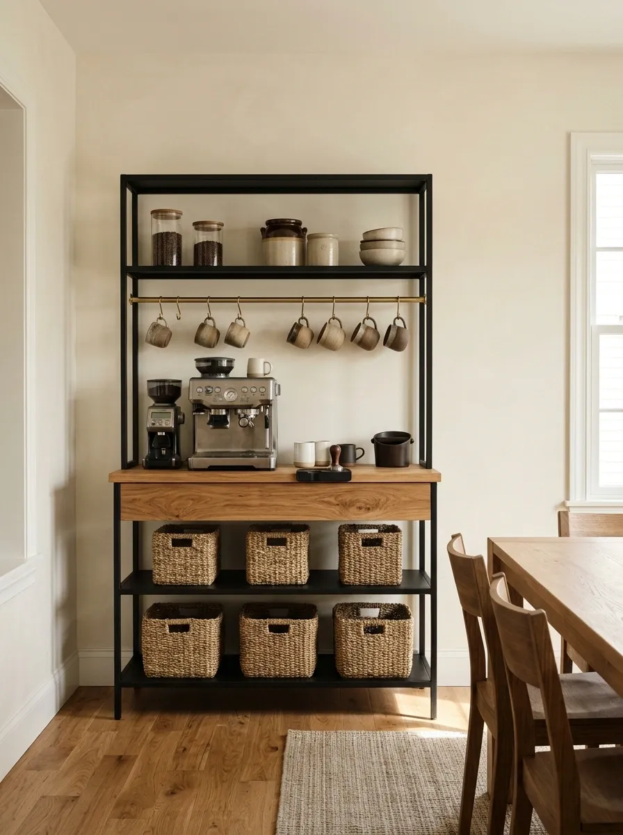 Baker's Rack Coffee Station With Hanging Cups and Basket Storage