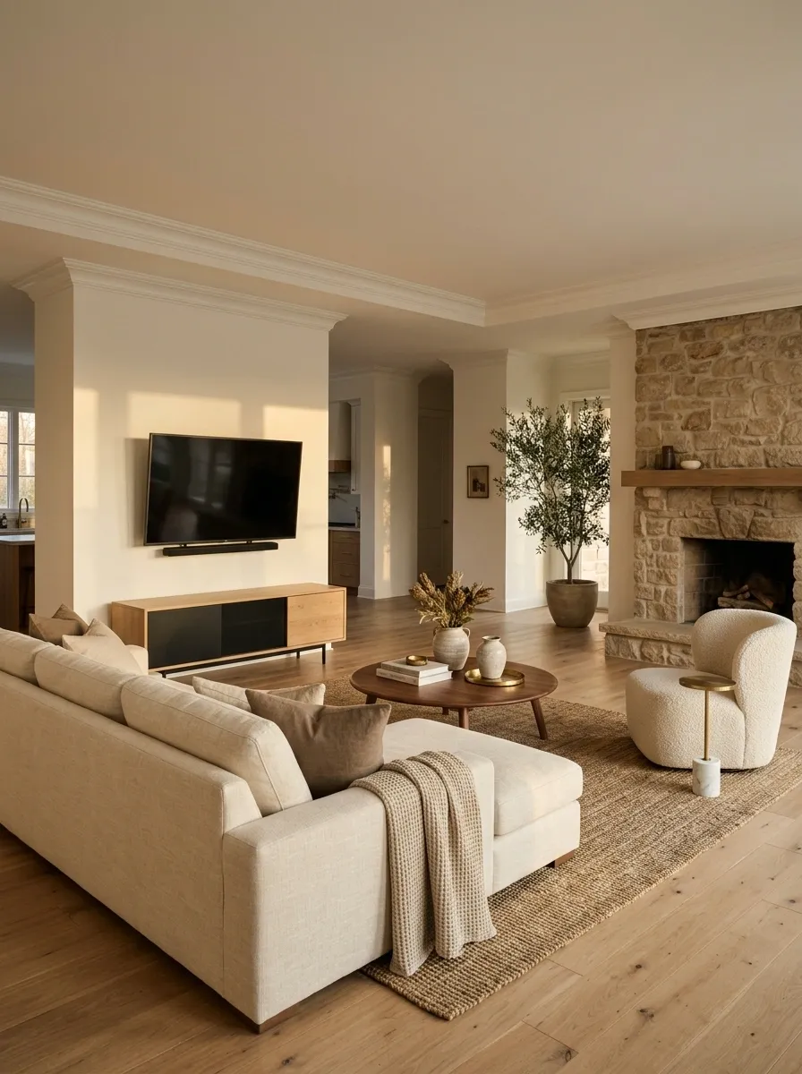 Balanced Corner Seating With a TV Near One End of the Room