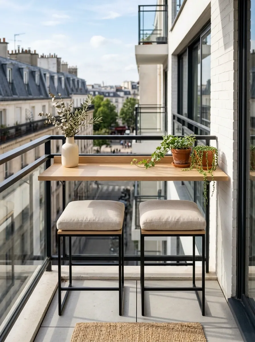 Balcony Breakfast Spot With a Slim Counter and Stools