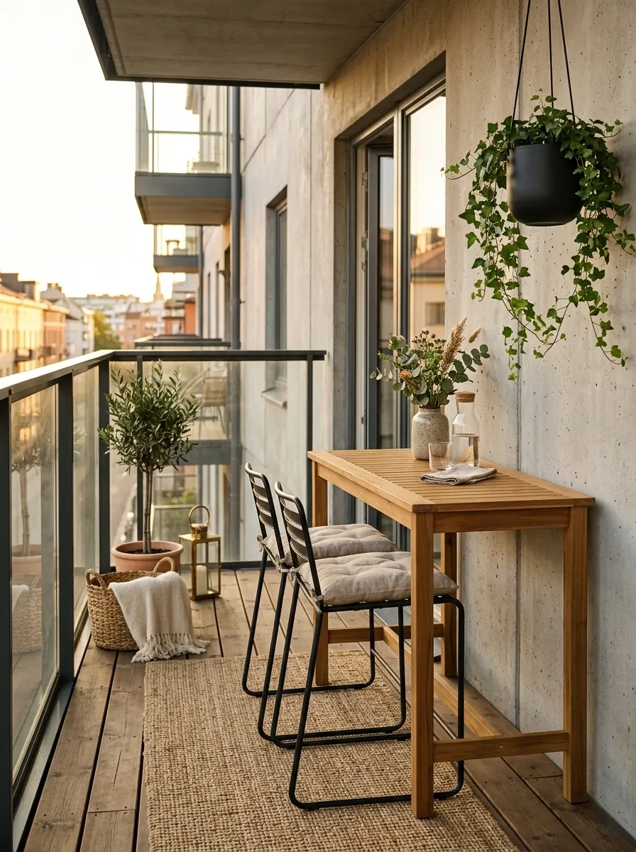 Balcony Dining Nook With a Slim Rectangular Table