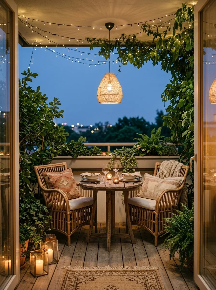 Balcony Dining Nook With a Warm Light Ceiling