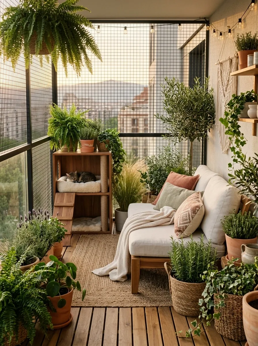 Balcony Garden With a Protected Cat Resting Alcove