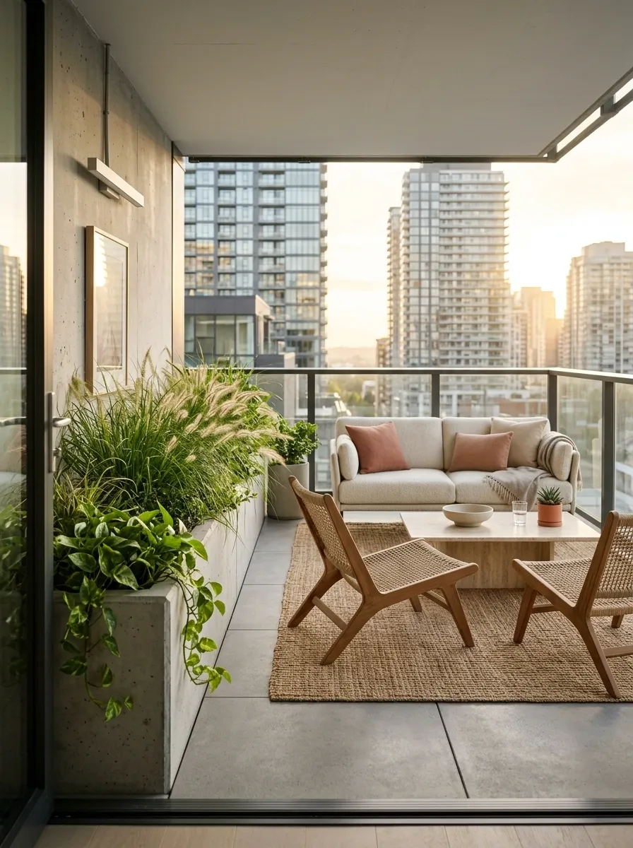Balcony Lounge With a Built-In Planter Divider