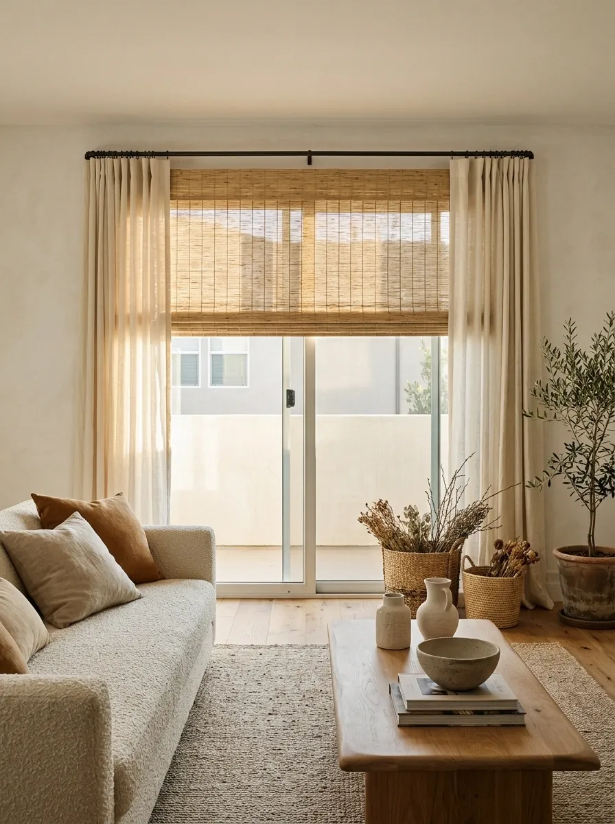 Bamboo Roll-Up Shades With Unlined Linen Curtains