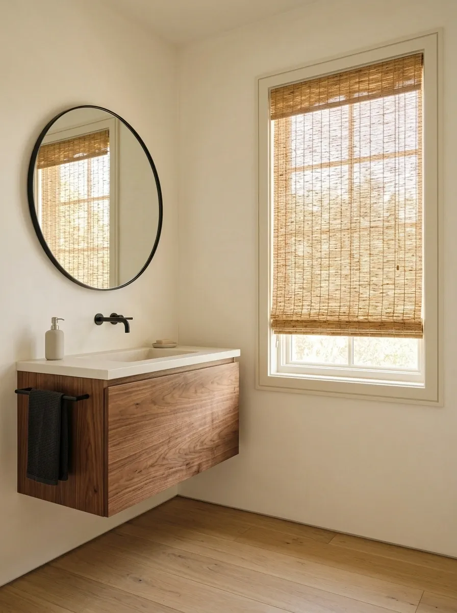 Bamboo Shades in a Warm Modern Bathroom