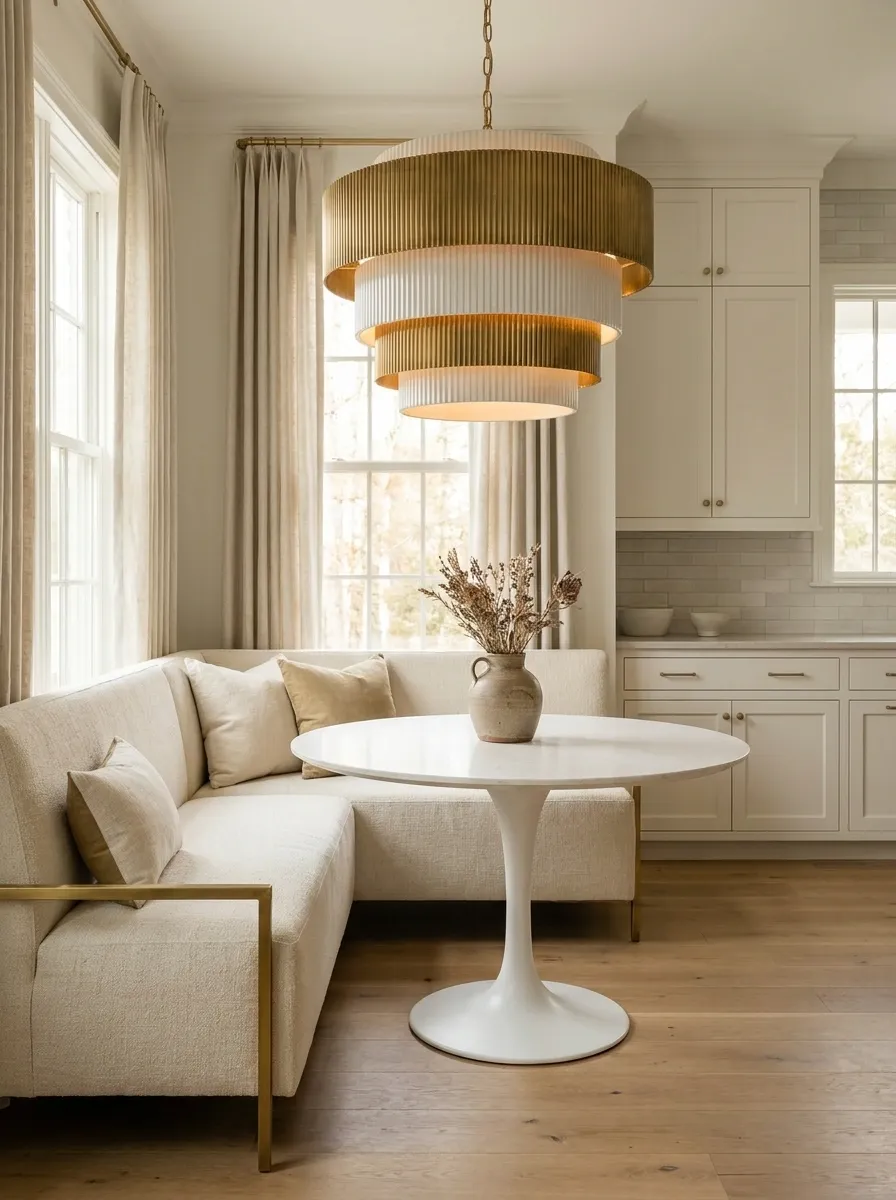Banquette and Round Table Beneath a Statement Pendant