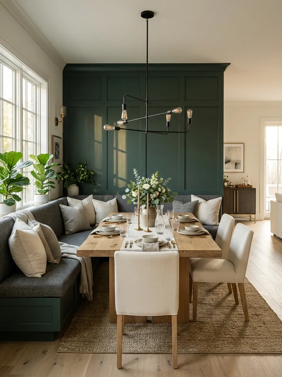 Banquette Dining Room With Deep Green Panel Walls