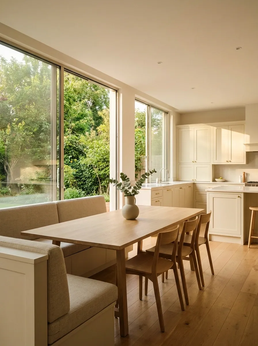 Banquette Facing the Garden in an Open Family Kitchen