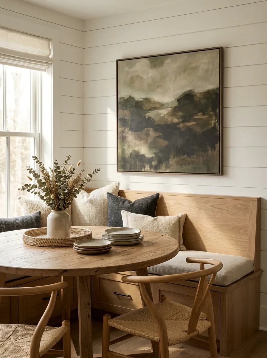 Banquette Farmhouse Dining Nook With a Round Oak Table