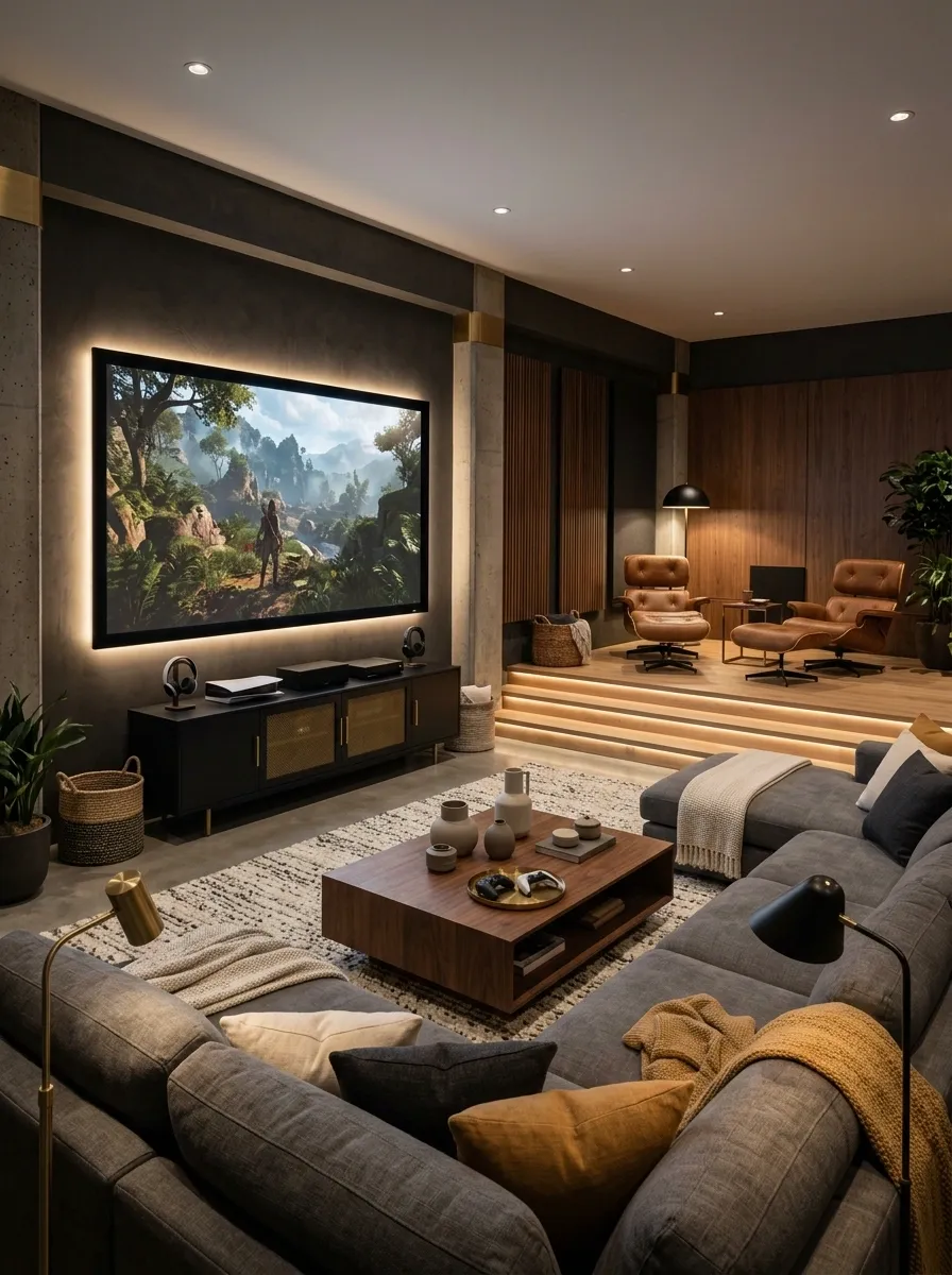 Basement Gaming Den With Tiered Viewing