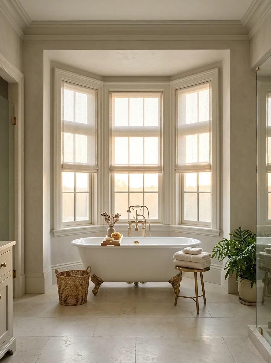 Bathroom Bay Window With a Freestanding Tub and Soft Privacy Layers