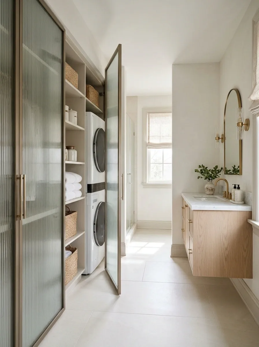 Bathroom Laundry Behind Reeded Glass Doors
