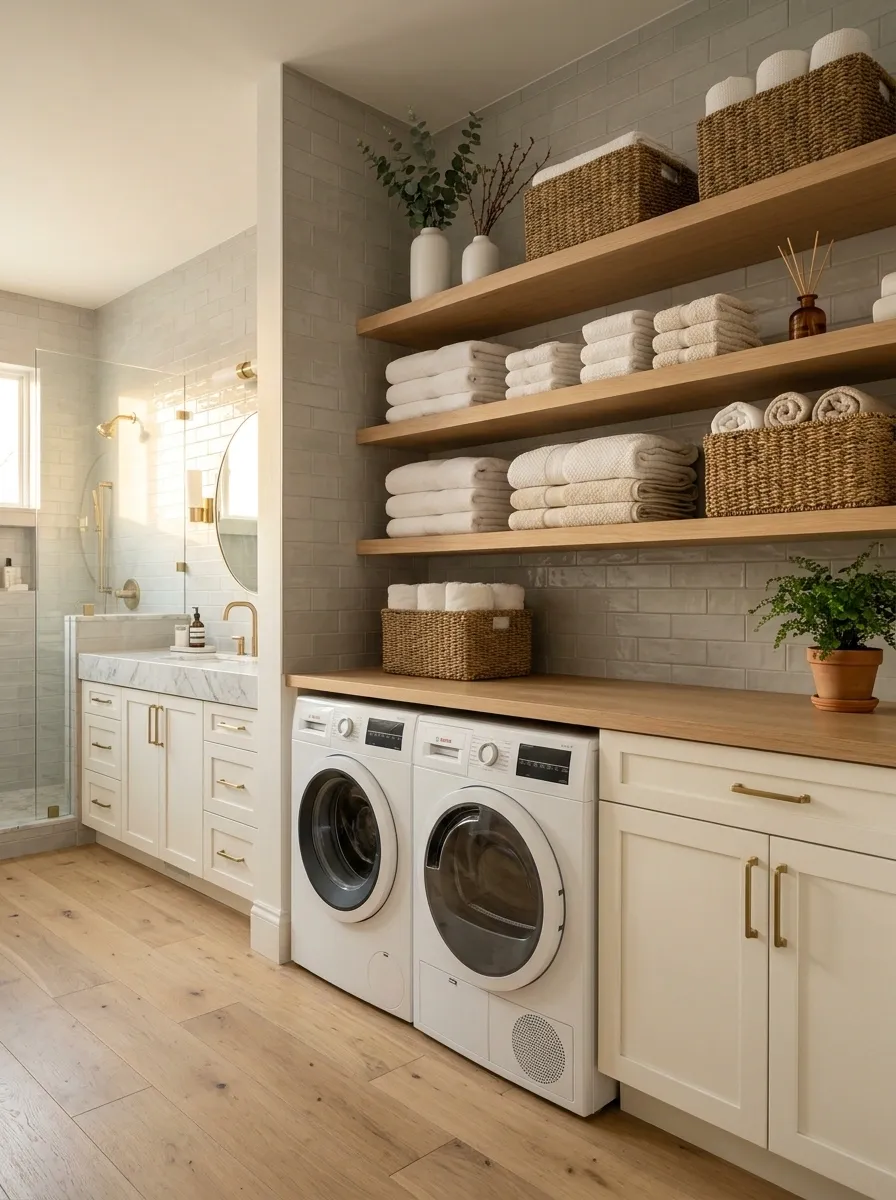 Bathroom-Laundry Combo With an Open Linen Wall