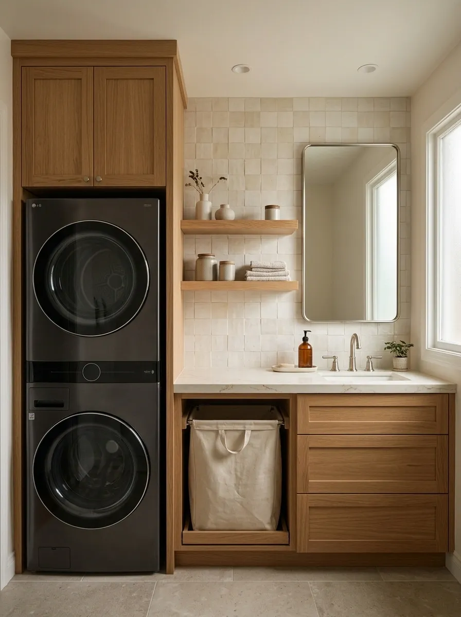 Bathroom Laundry Nook With a Shared Vanity Palette