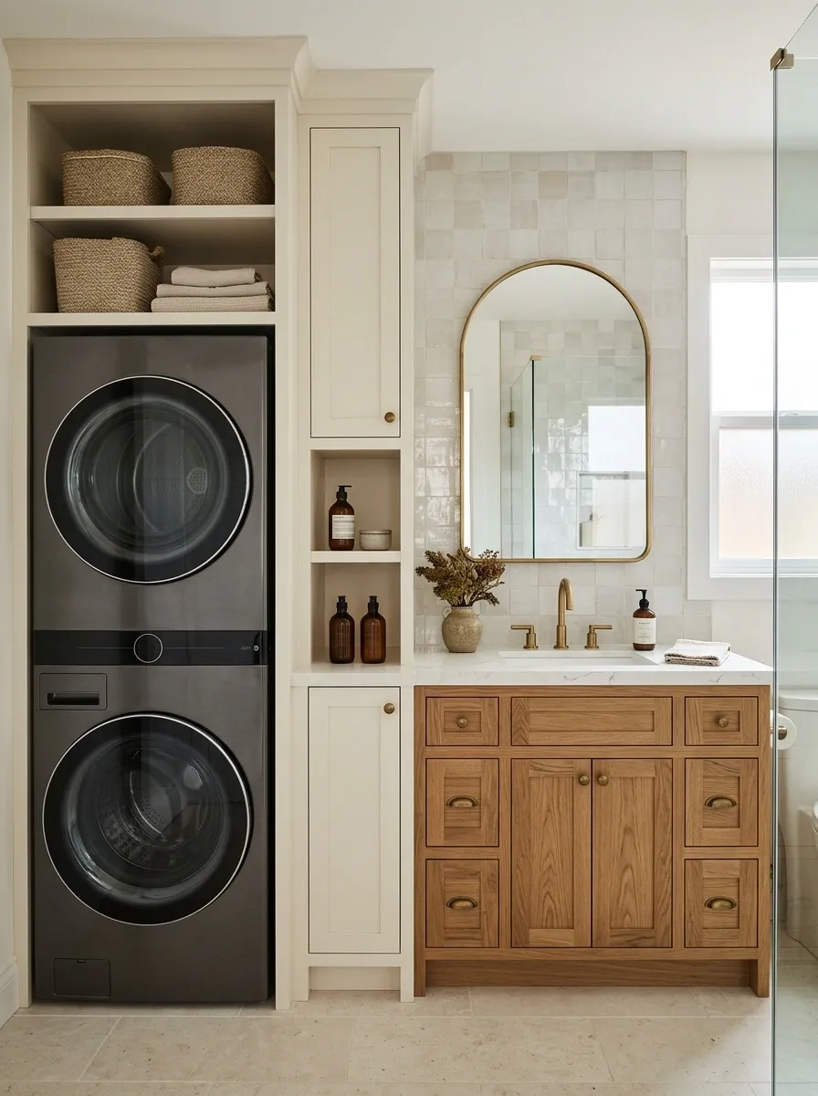 Bathroom Laundry Tower With Matching Vanity Cabinetry
