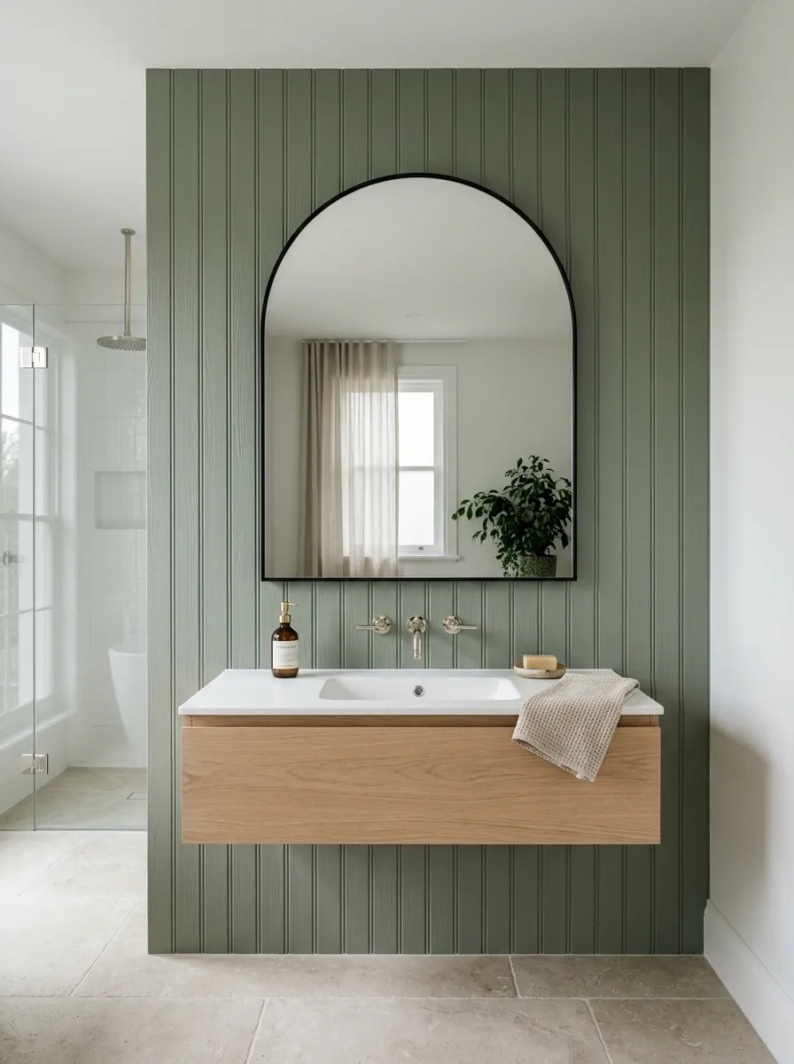 Bathroom Vanity Wall With Muted Green Beadboard and Arched Mirror
