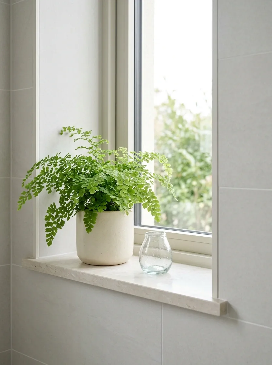 Bathroom Window With Moisture-Conscious Stone and Greenery