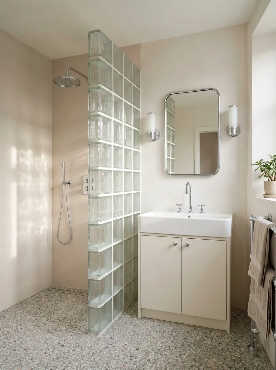 Bathroom With a Terrazzo-Look Base and a Glass-Block Shower Wall