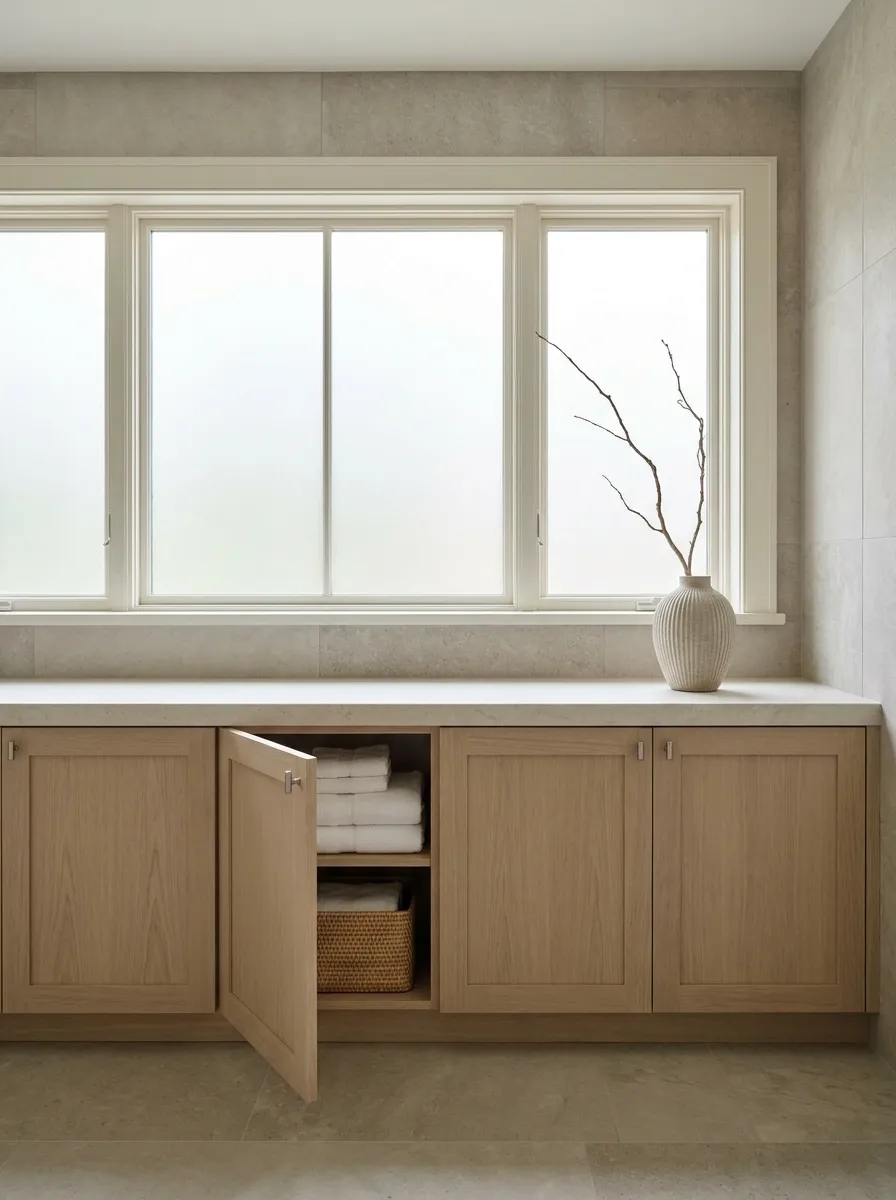 Bathroom With Low Linen Cabinets Beneath a Frosted Window
