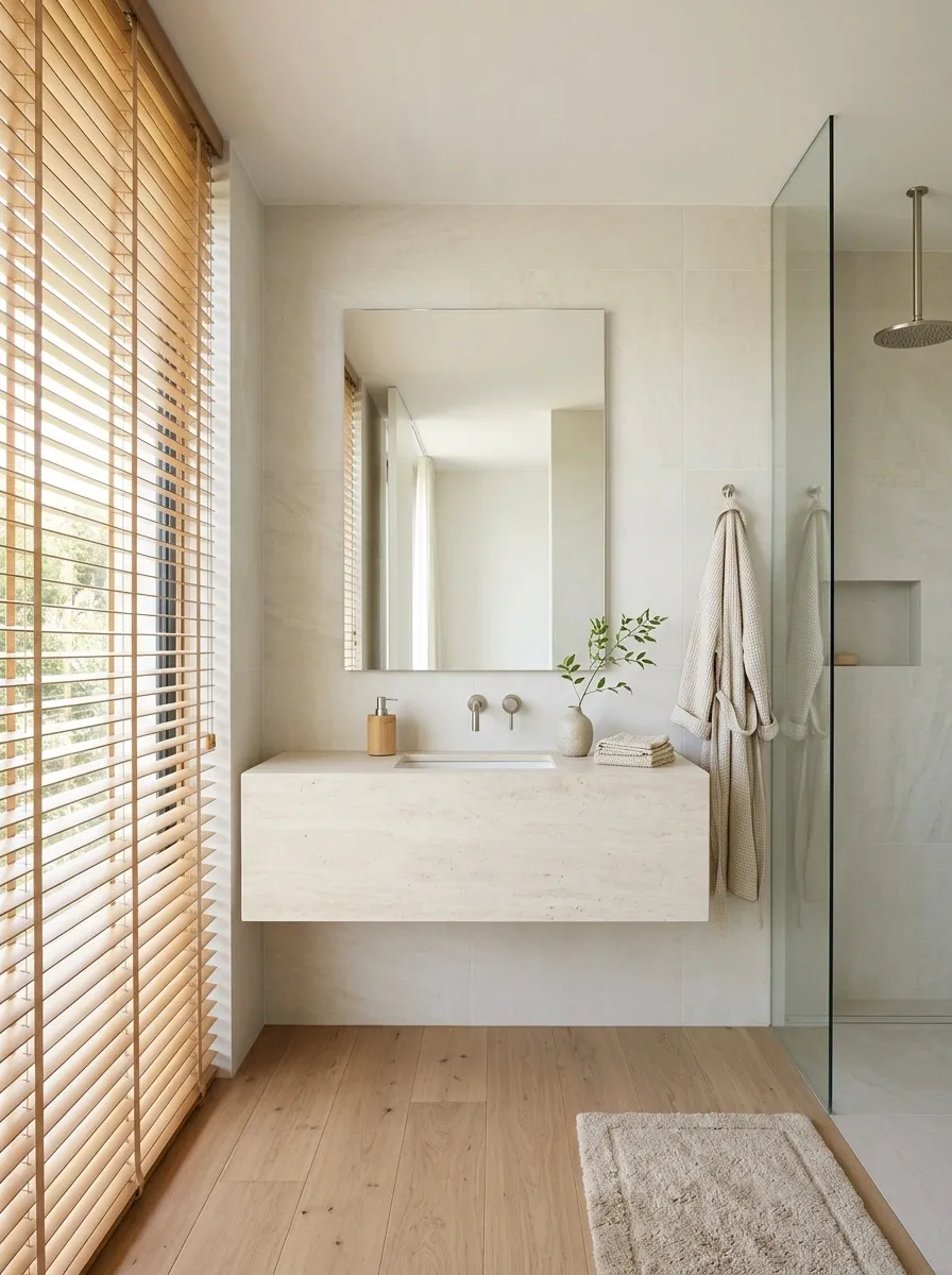 Bathroom With Moisture-Conscious Faux-Wood Blinds