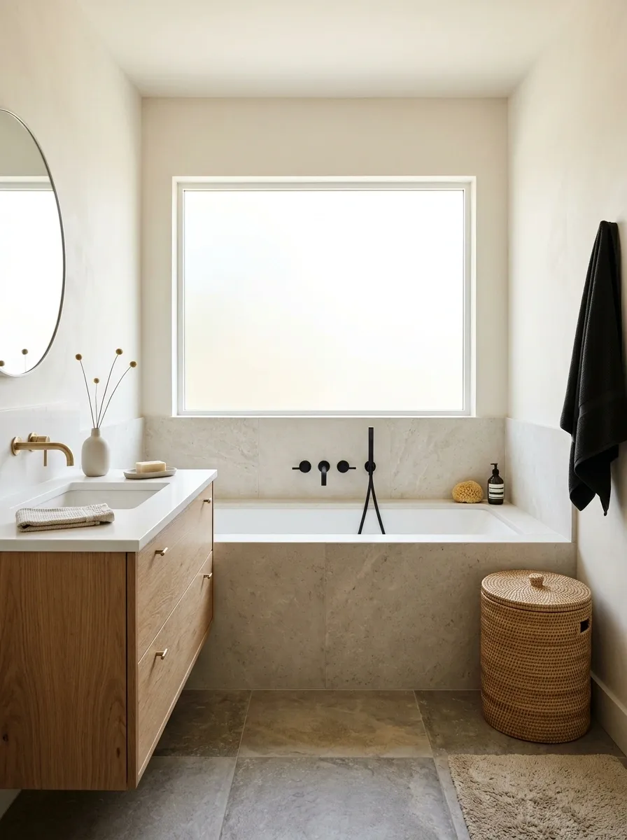 Bathtub Beneath a Window With a Simple Stone Surround