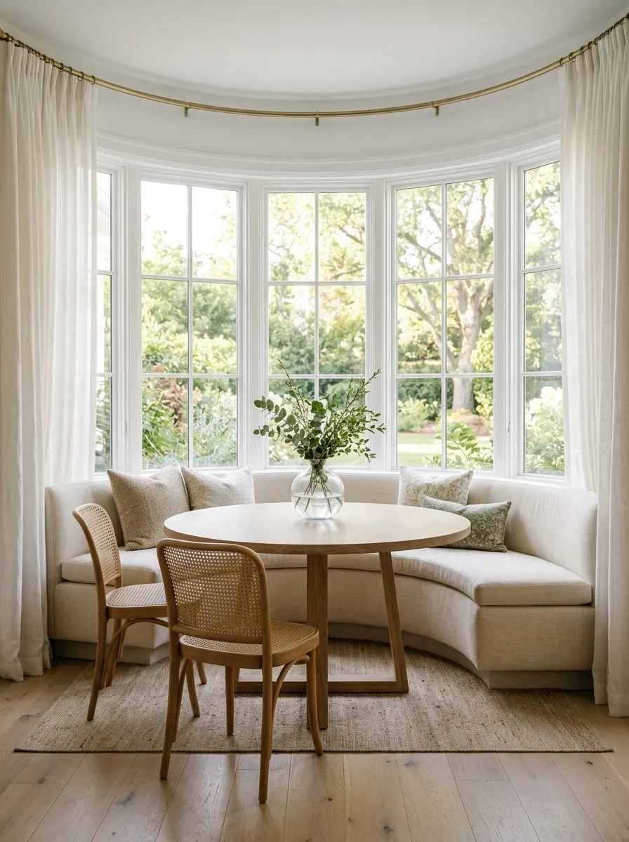 Bay-Window Dining Corner With Upholstered Bench and Natural Light
