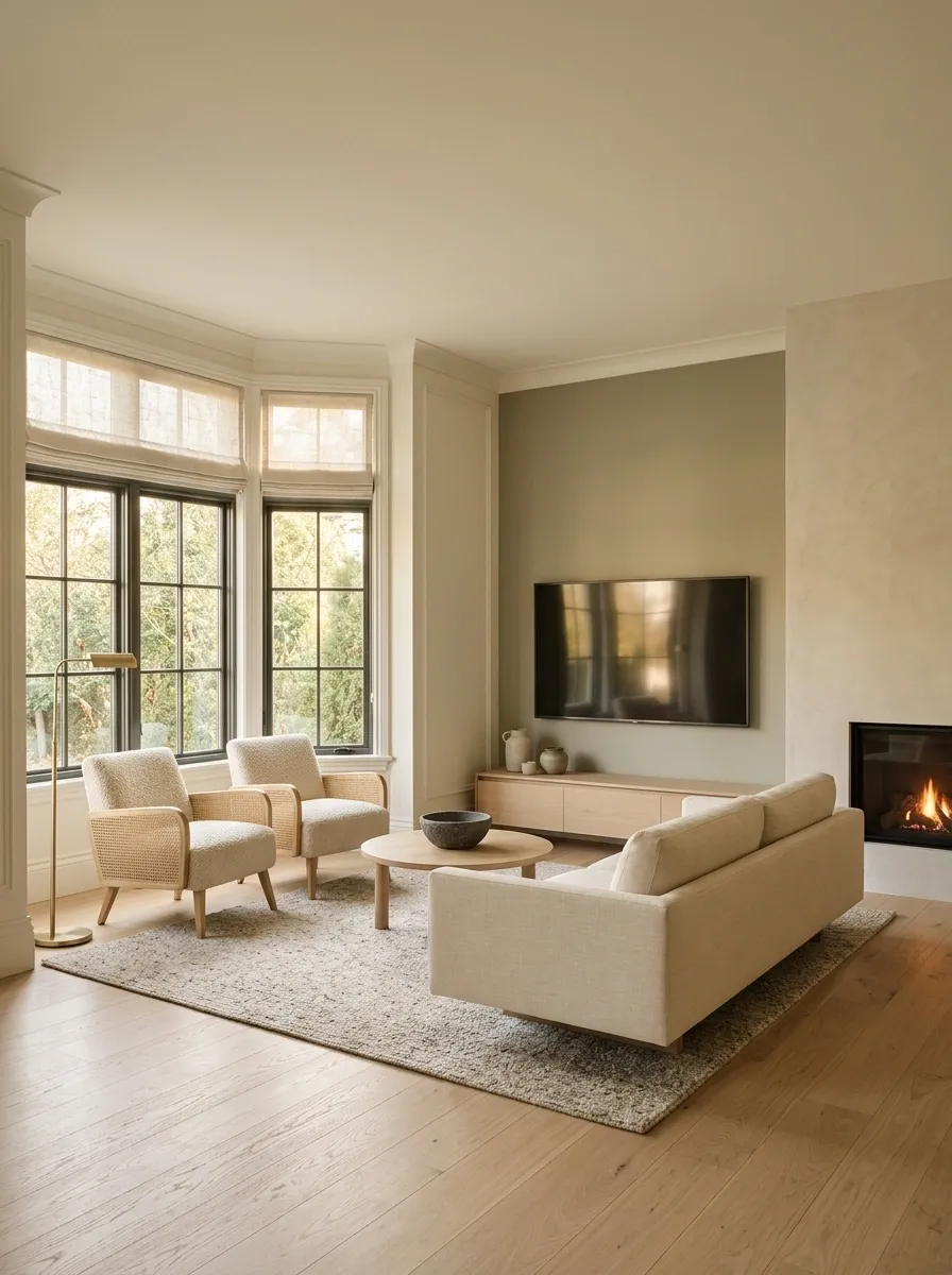 Bay-Window Living Room With a TV on the Interior Wall