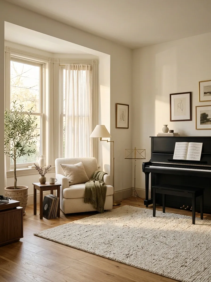Bay Window Music Corner With a Piano and a Listening Chair