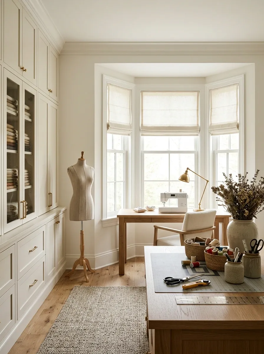 Bay Window Sewing Studio With a Worktable and Organized Fabric Storage