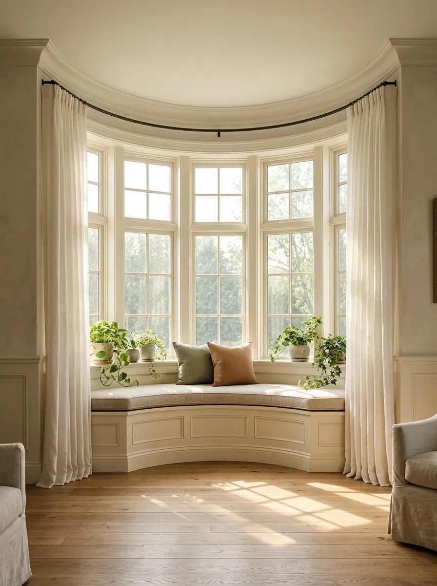Bay Window With Layered Plants and an Upholstered Seat