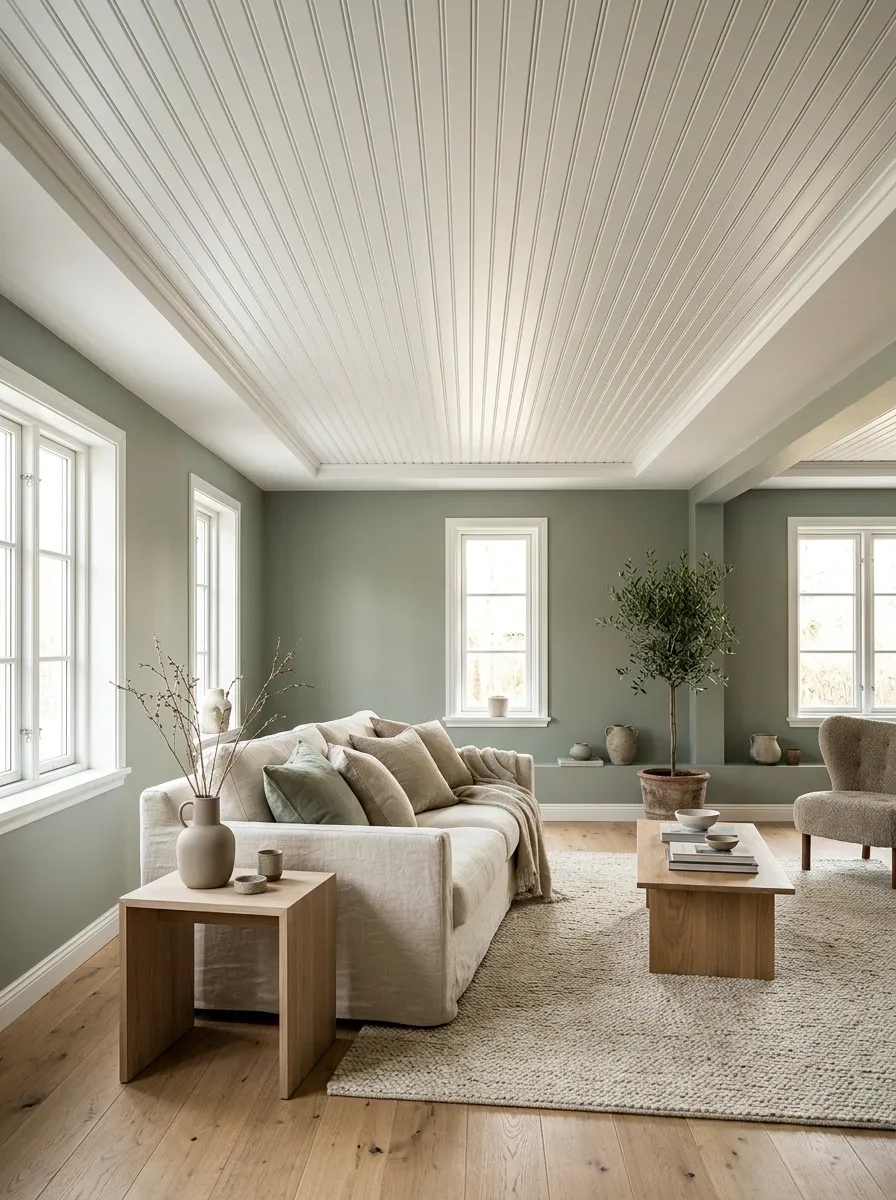 Beadboard-Look Ceiling in a Modern Cottage Room