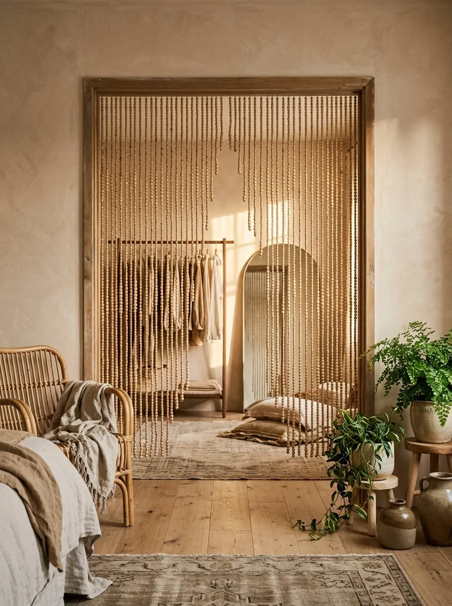 Beaded Wood Curtain Creating a Warm Bohemian Threshold
