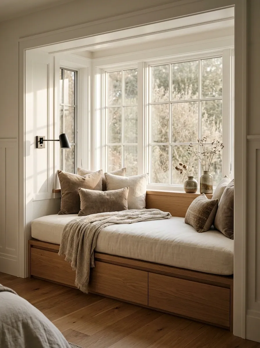 Bedroom Bay Window With a Storage Daybed and Soft Linen Layers