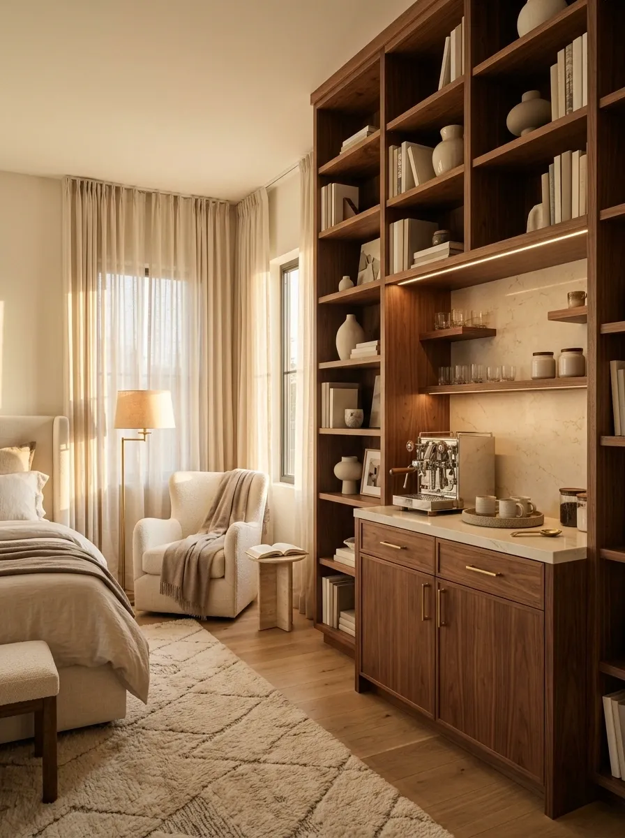 Bedroom Coffee Station Beside a Built-In Bookshelf