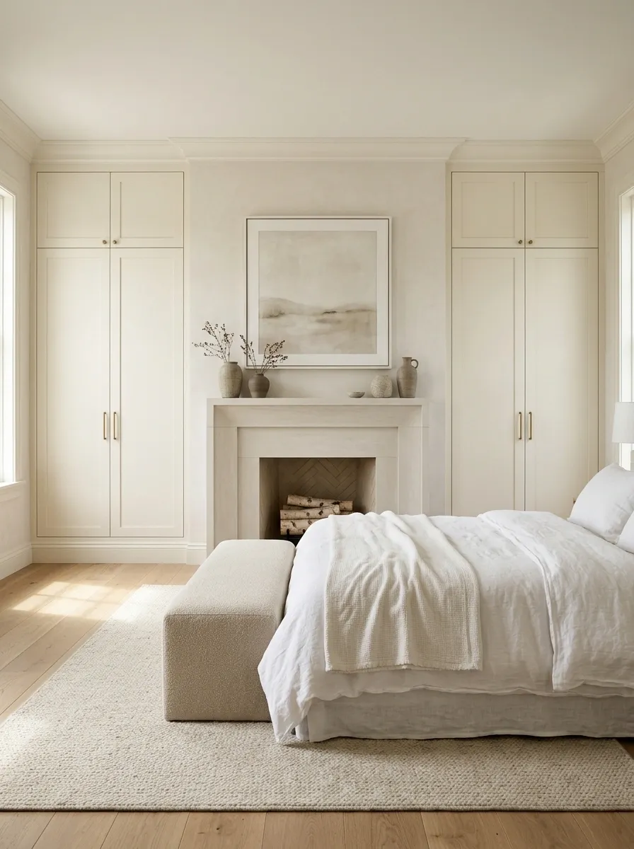 Bedroom Fireplace Between Two Built-In Wardrobes