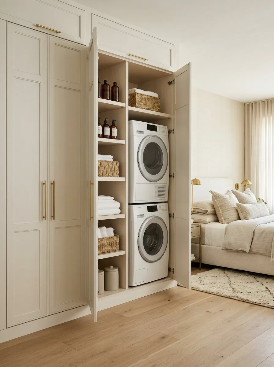 Bedroom Laundry Closet With Wardrobe-Style Doors
