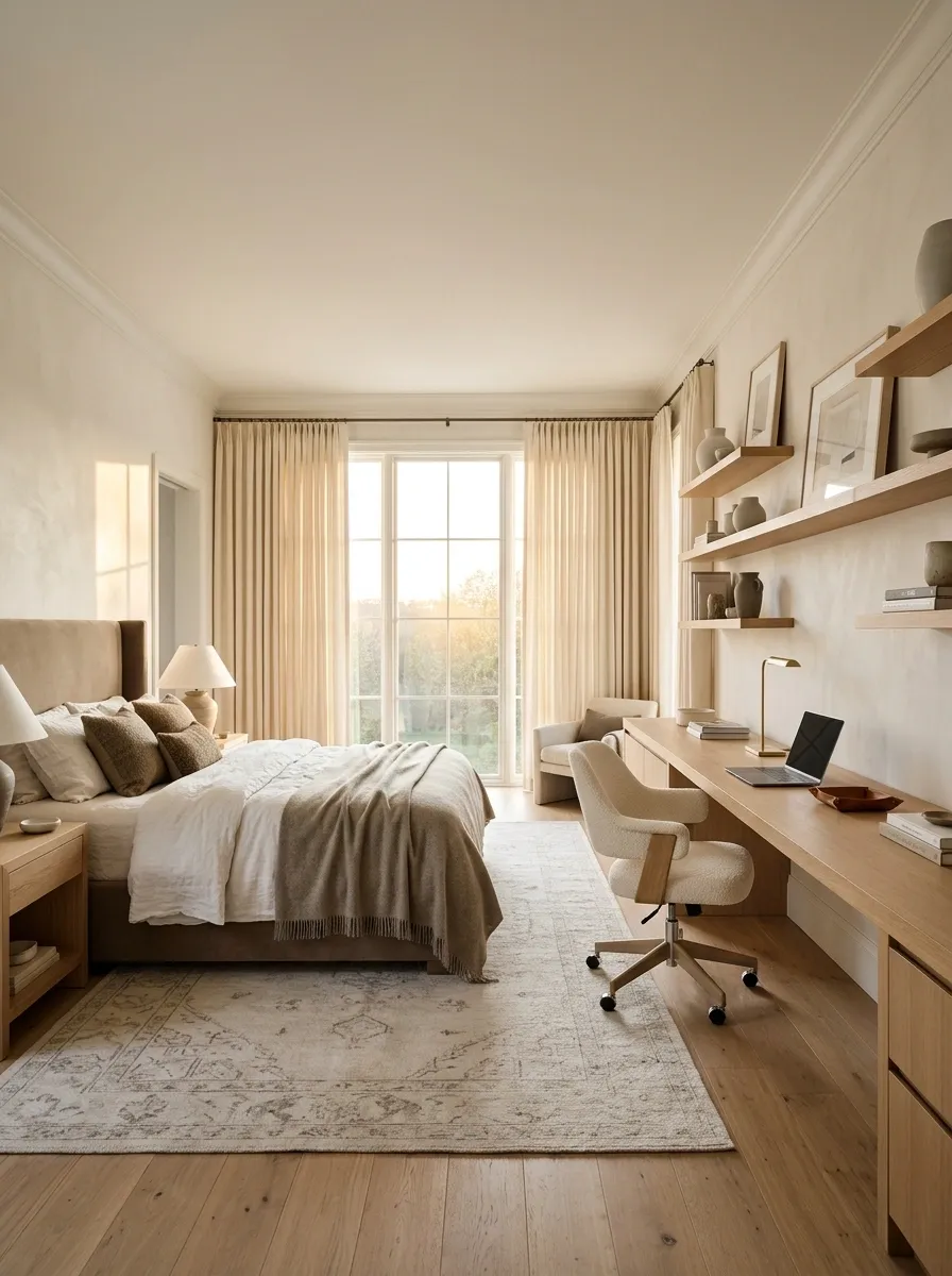Bedroom Office With a Long Desk Across One Wall